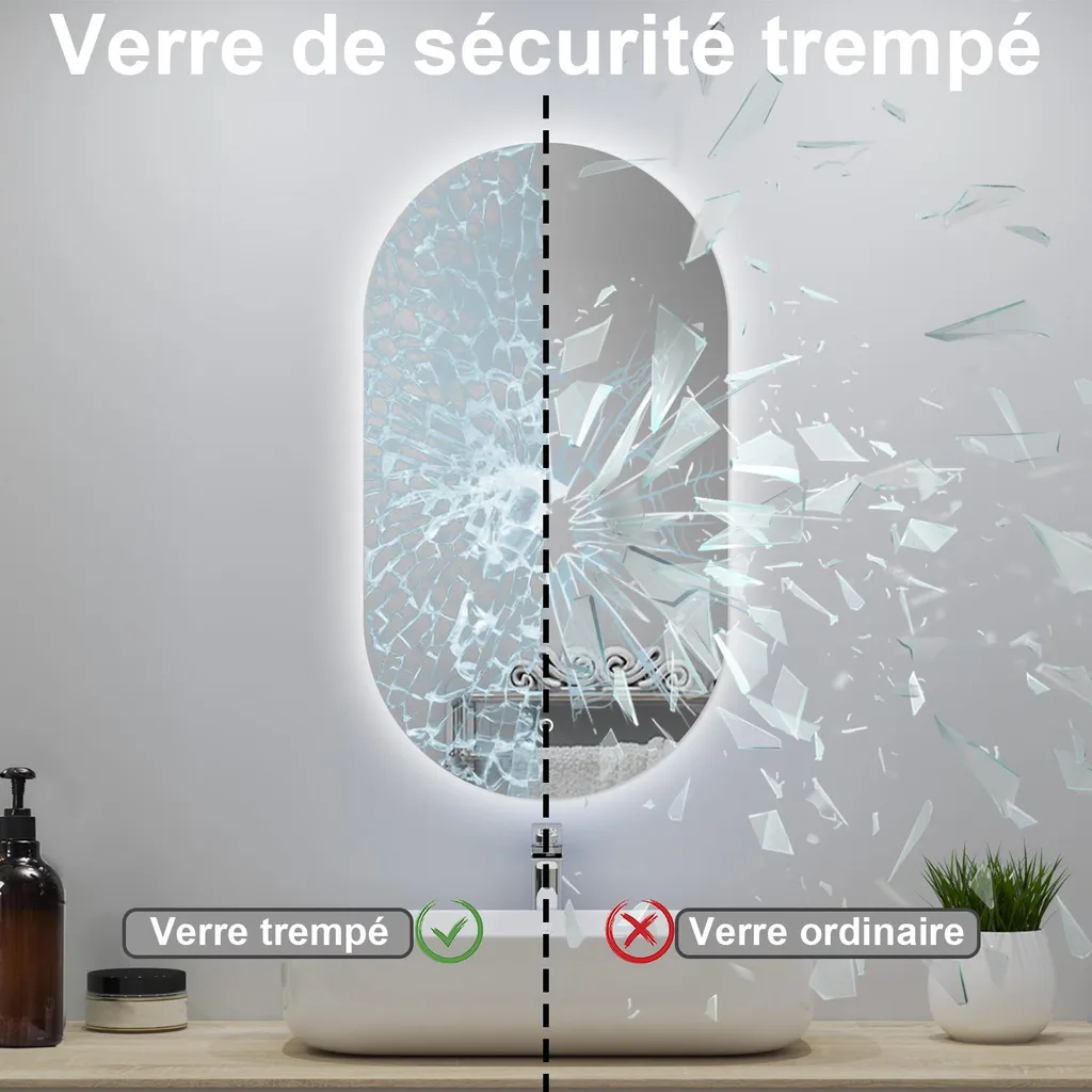 Miroir LED 60x100cm Blanc 6000k avec Luminosité Variable et Arrêt Auto