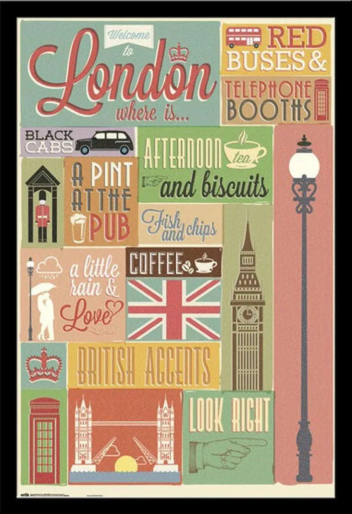 Londres Poster Collage avec Cadre Maxi MDF Noir Shinsuke 61x91,5 cm