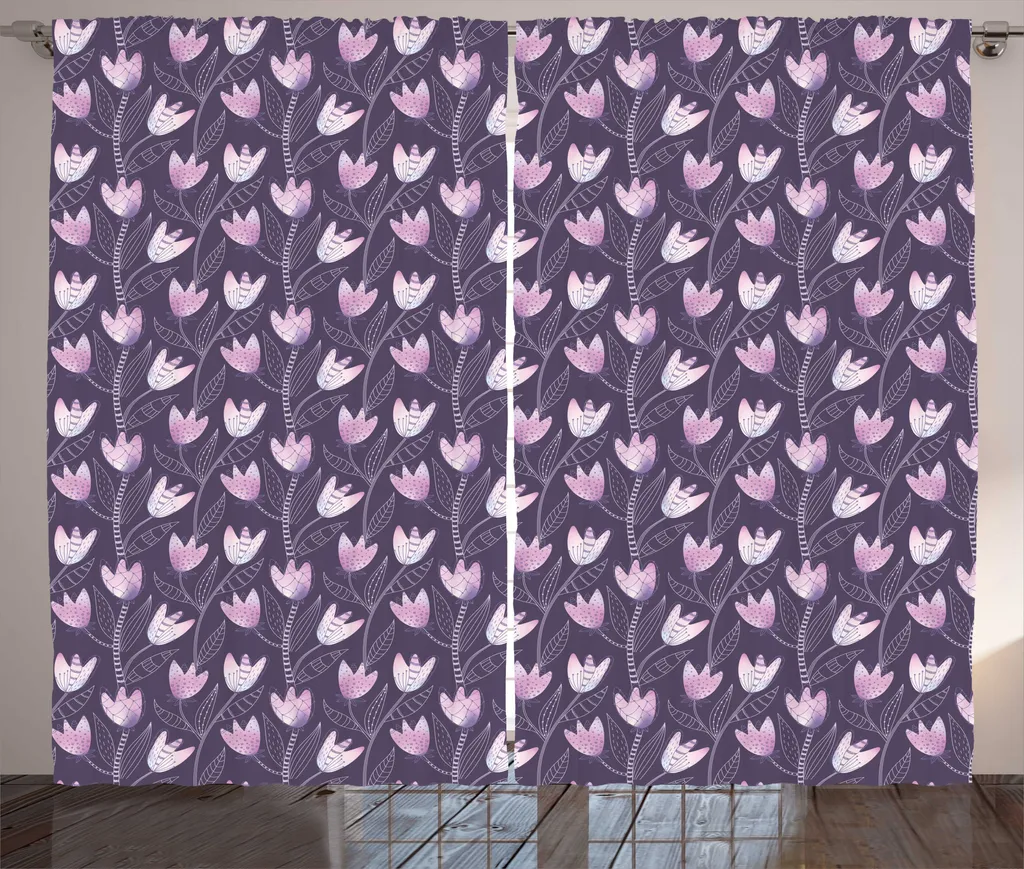Rideau de Chambre à Ruban Froncé à Motif Tulipes Mauve 280x225 cm
