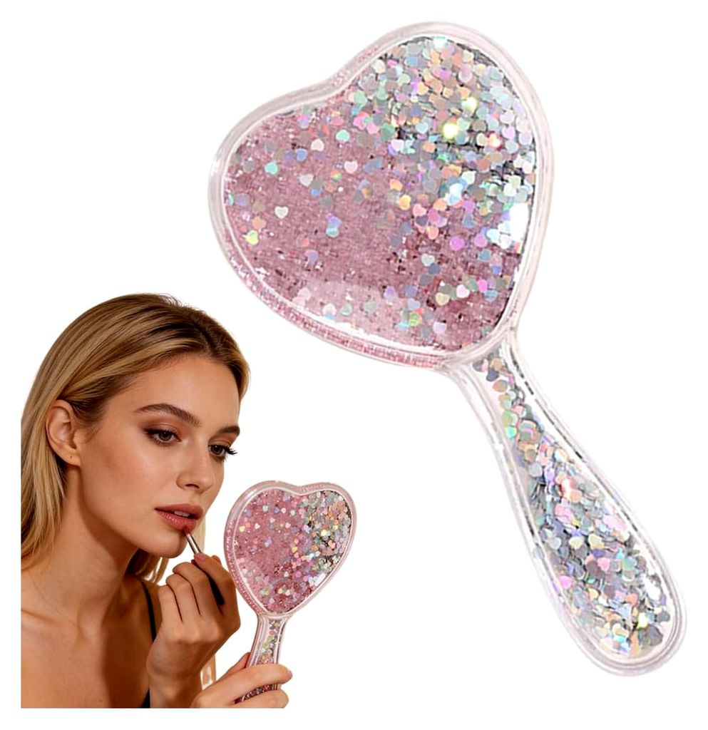 Handspiegel mit Griff, runder Schminkspiegel für Friseure und Kosmetik, tragbarer Taschenspiegel für Zuhause und Reisen (Rosa)