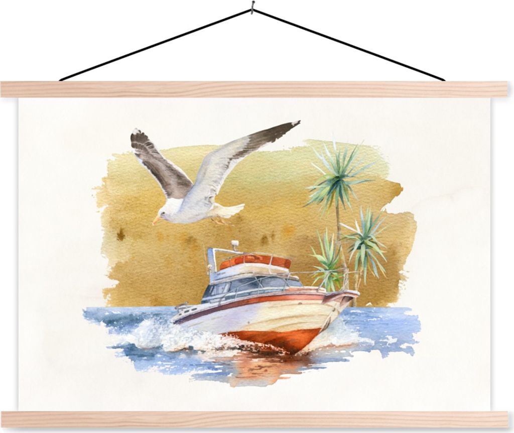 MuchoWow Textilposter Boot - Vogel - Aquarell 120x80 cm mit holzfarbenen Rahmen - Aufhängeset