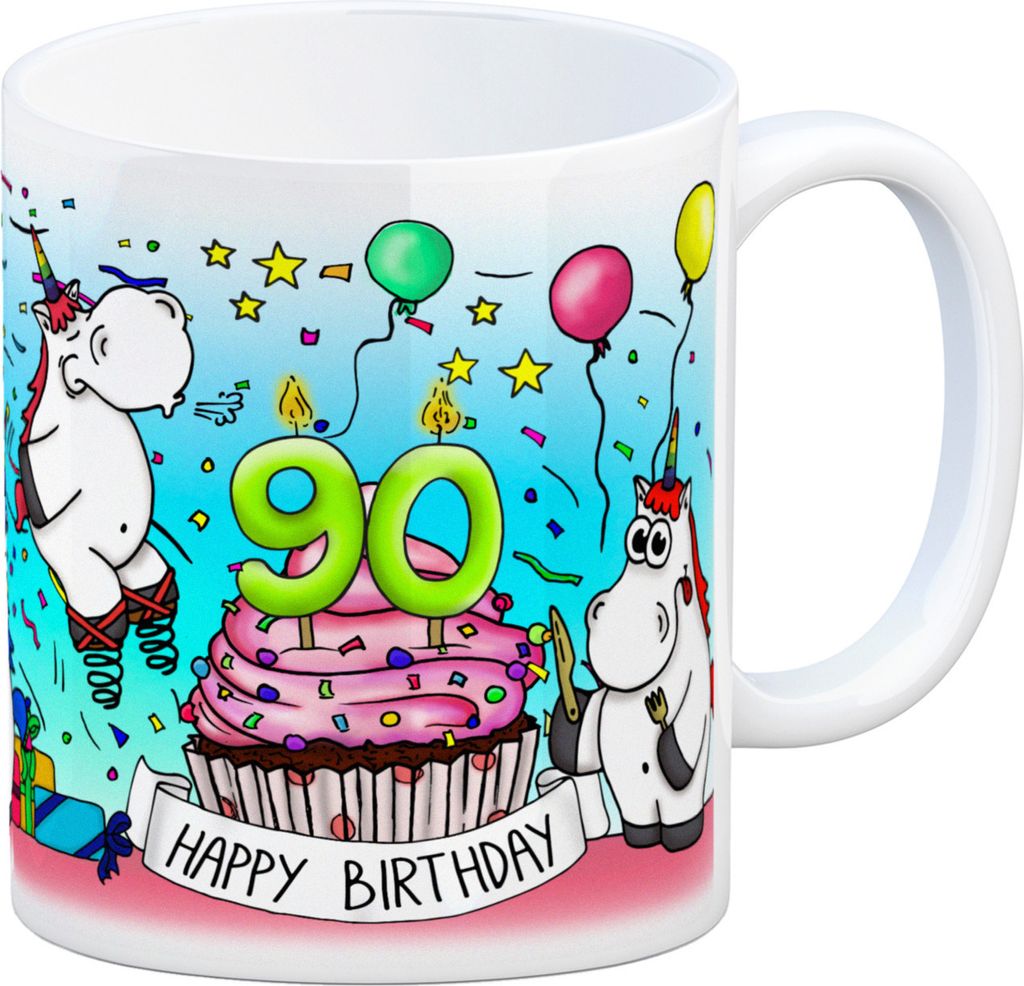 Honeycorns Tasse zum 90. Geburtstag mit Muffin und Einhorn Party Kaffeebecher