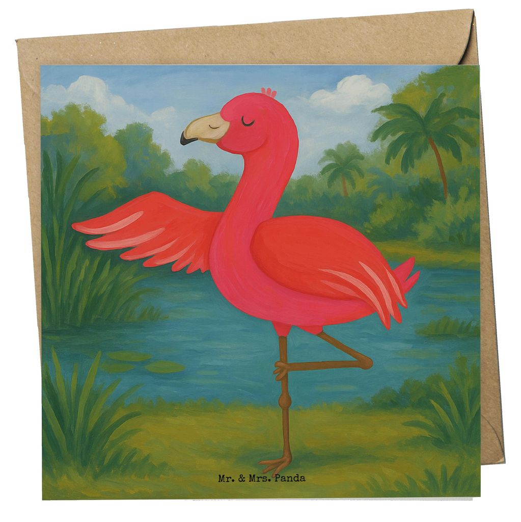 Mr. & Mrs. Panda Grußkarte Flamingo Yoga Design - Weiß - Geschenk, Baum, Klappkarte, Rosa, Achtsamkeit, Urlaub, faltkarte, Yogi, doppelkarte, Gl...