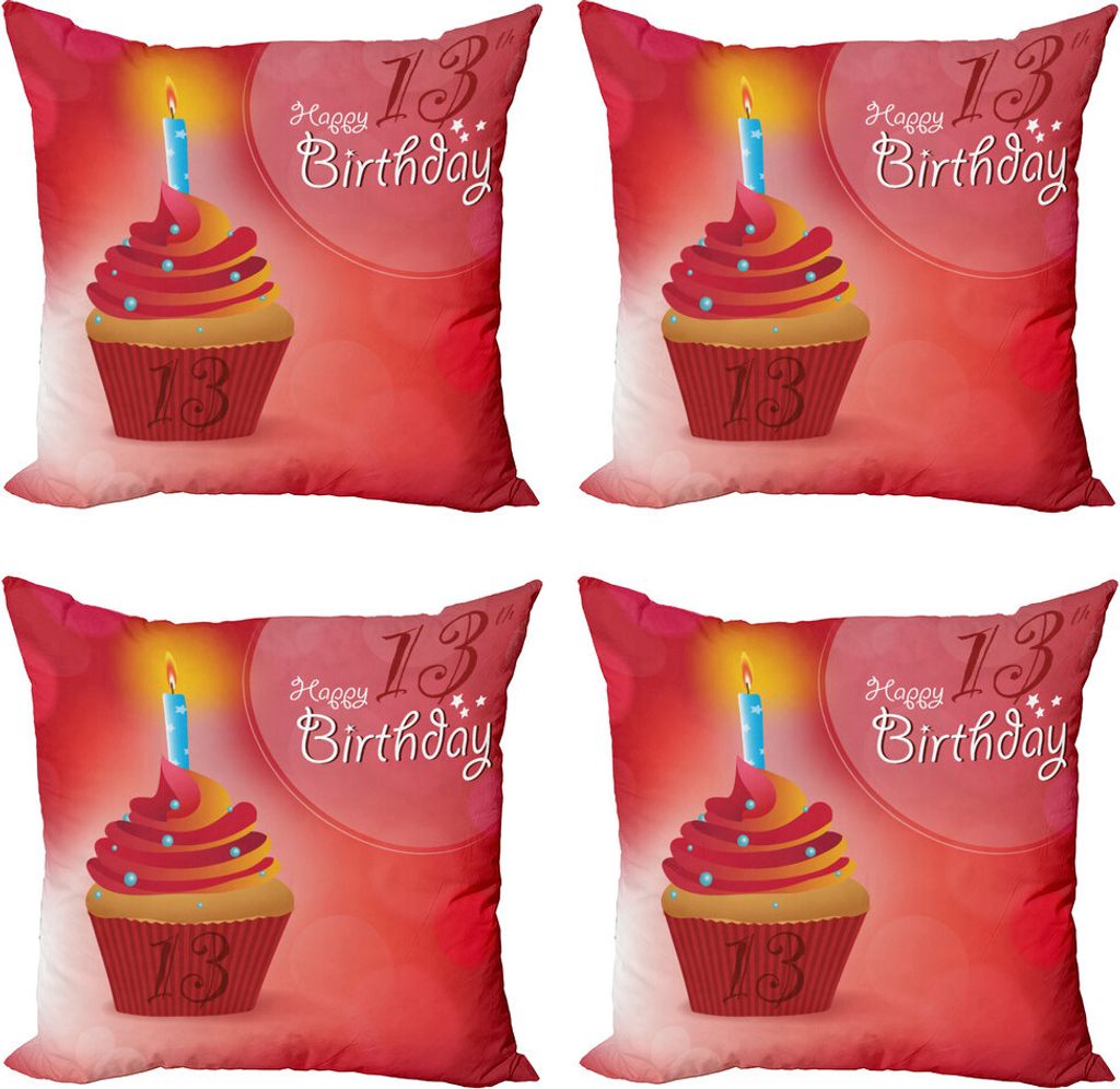 ABAKUHAUS 13. Geburtstag Kissenbezug Set (4 Stück), Cupcake 13, Moderner Doppelseitiger Digitaldruck, 40 cm x 40 cm, Red Orange Blue