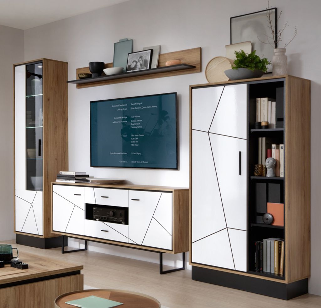 TV Wohnwand Set Wohnzimmer BRISTOL-129 in Catania Eiche Nb. mit schwarz und weiß Hochglanz, B/H/T: ca. 339,5/208,5/40 cm