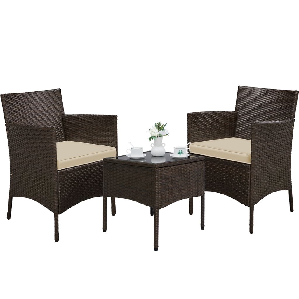 Yaheetech 3er Gartenmöbel-Set Gartensitzgruppe Polyrattan Balkontisch mit 2 Stühle Outdoor Möbelset für Balkon & Terrasse Braun/Khaki