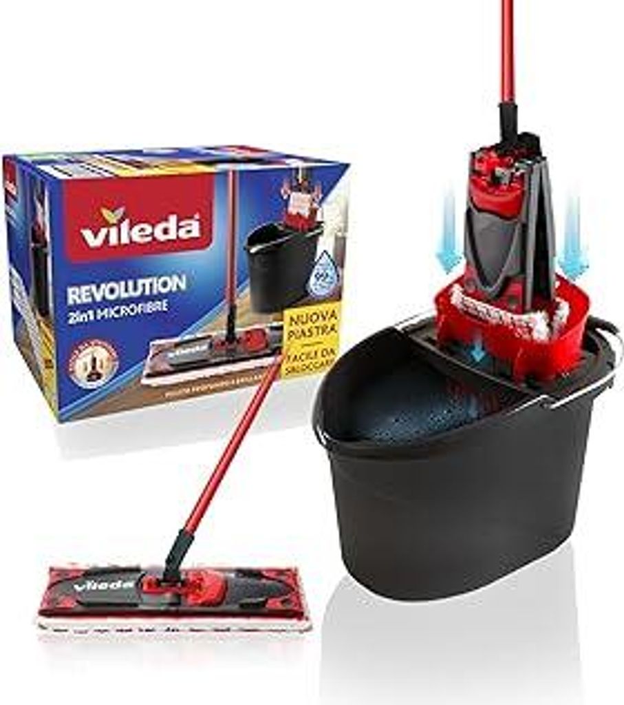 Vileda - Alle Bodenreinigungssystem mit Eimer, Abtropfgestell und Ständer mit Mikrofasertuch - Schwarz/Rot