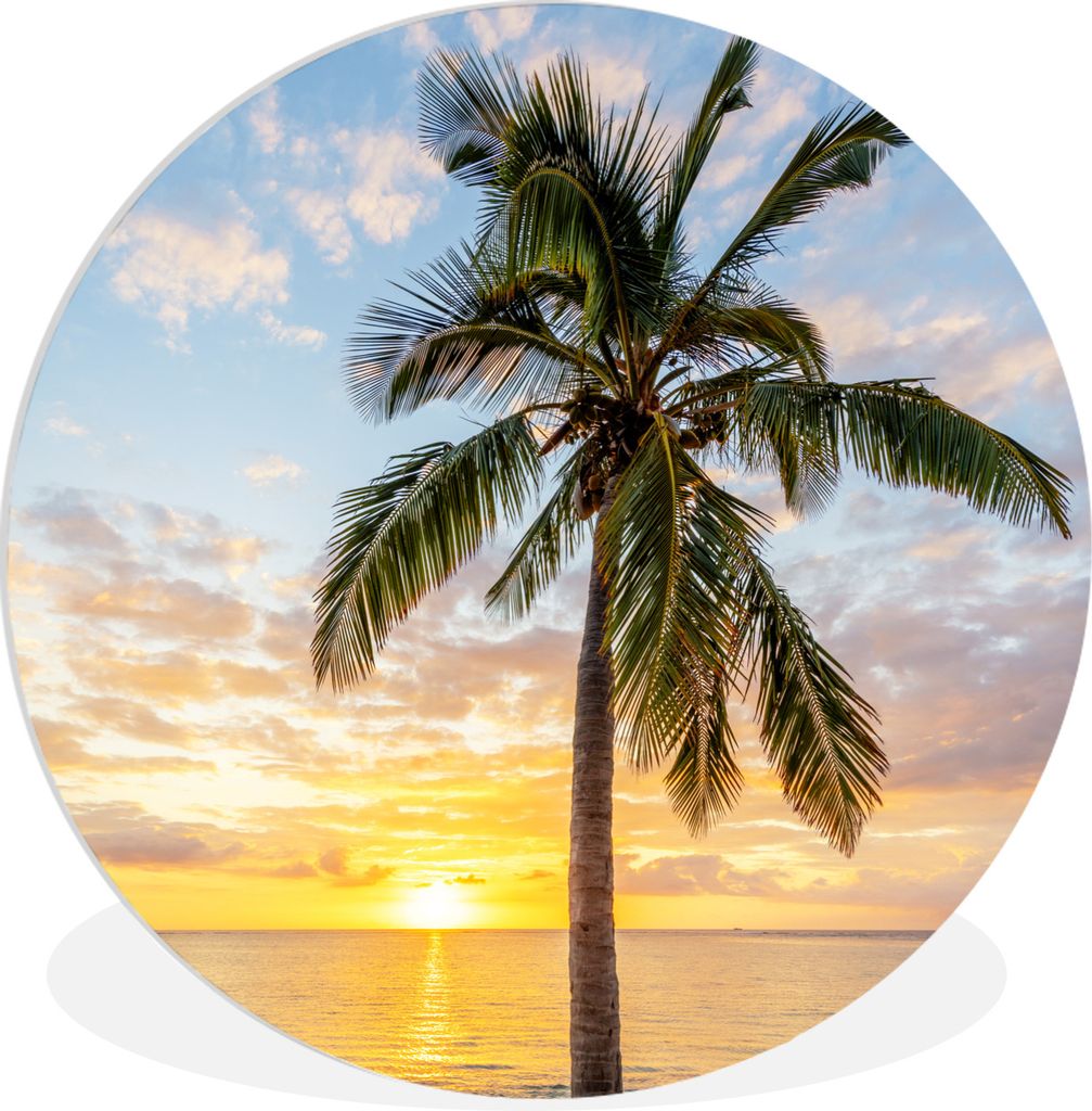 MuchoWow Rundes Wandbild - Runde Bilder Strand - Palme - Sonnenuntergang Ø 60 cm Kreis Wanddekoration Kunststoff - Wandkreis - Wandschmuck - Wan...