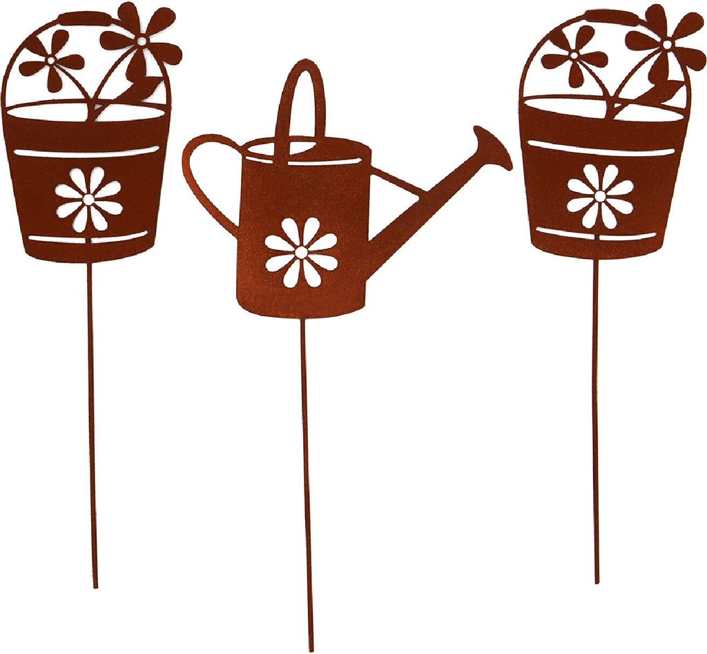 UNUS Deko Garten Gartenstecker Gießkanne und Blumentöpfe 3er Set Rostoptik