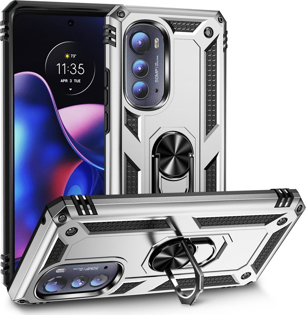 Motorola Edge 2022 Hülle, Dual Layer Robust Militäre Schutzhülle mit Ringhalterung Ständer für Motorola Edge 2022 Silber