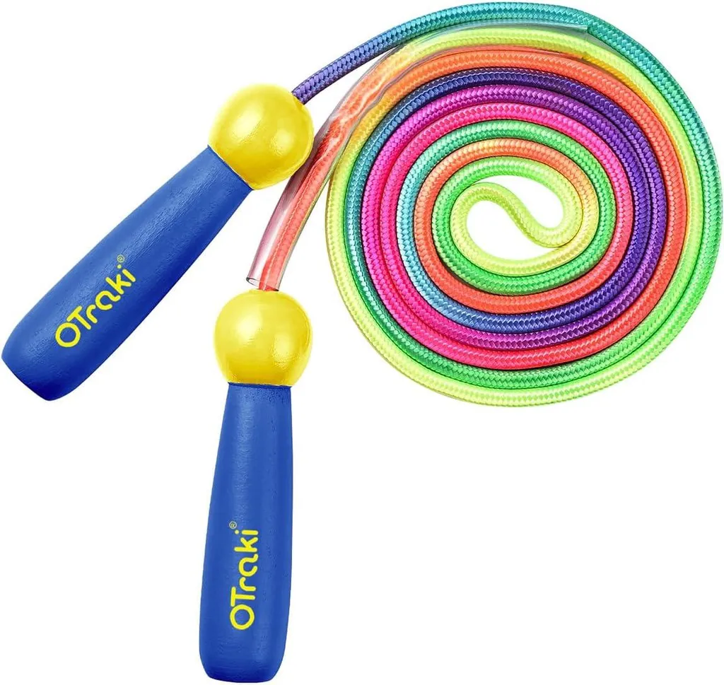 Corde à sauter arc-en-ciel réglable 2.5m - poignée bois ergonomique bleue