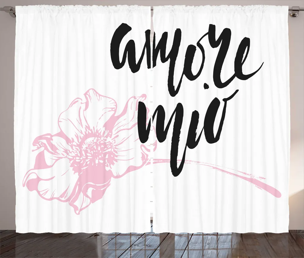 ABAKUHAUS Amore Citazione Tenda rustica, Amore Mio con fiori, Soggiorno Nastro universale Tende con passanti e ganci, 280 x 245 cm, Rosa pallido Grigio antracite