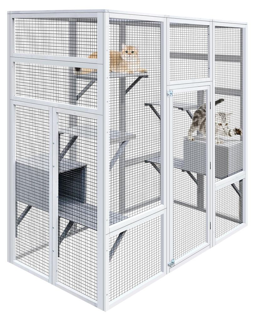 Gro?es Katzengehege (Catio) aus Holz mit Liegepl?tzen und Produktbild 