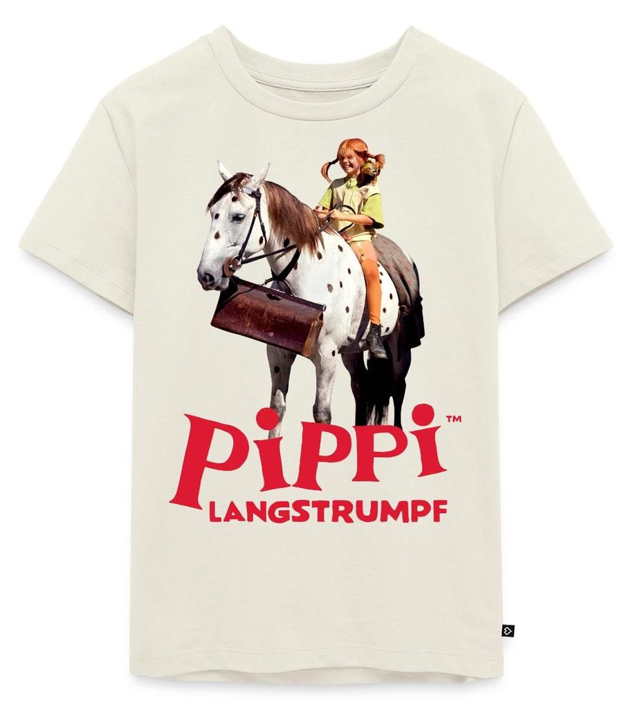 Spreadshirt Pippi Langstrumpf Pippi Reitet Auf Kleiner Onkel Kinder Premium T-Shirt, 134/140 (8 Jahre), Naturweiß