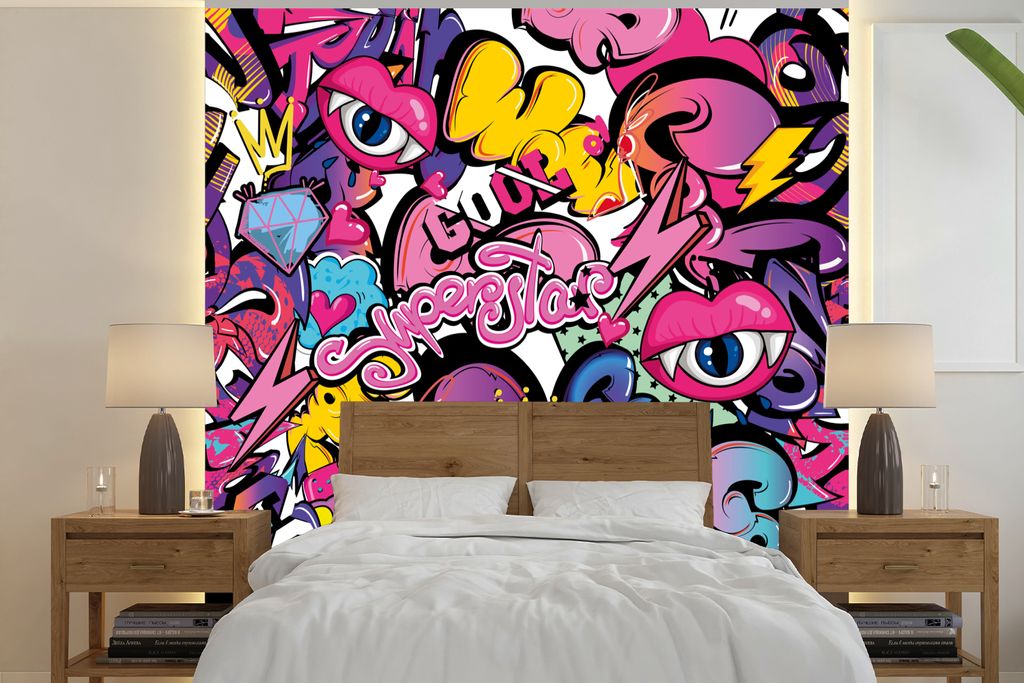 MuchoWow Fototapete für Wohnzimmer oder Schlafzimmer Wandtapete Vinyl Motivtapete Design - Superstar - Cool - Muster - Lippen - Kinder - 300x300...