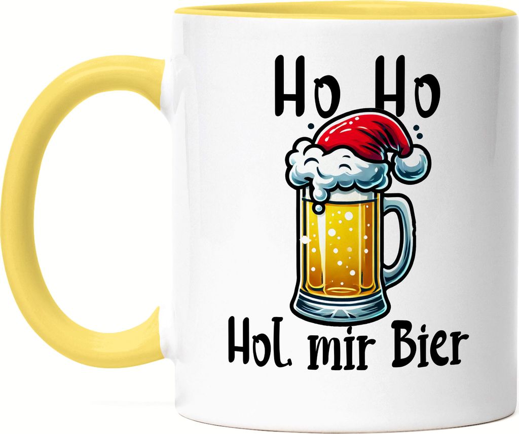 Ho Ho Hol mir mal ein Bier Tasse Gelb Ugly Christmas Weihnachten Spruch