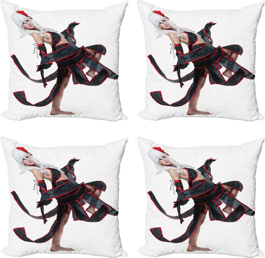 ABAKUHAUS Anime Kissenbezug Set (4 Stück), Krieger Art-Mädchen, Moderner Doppelseitiger Digitaldruck, 50 cm x 50 cm, Rot, Weiß und Schwarz