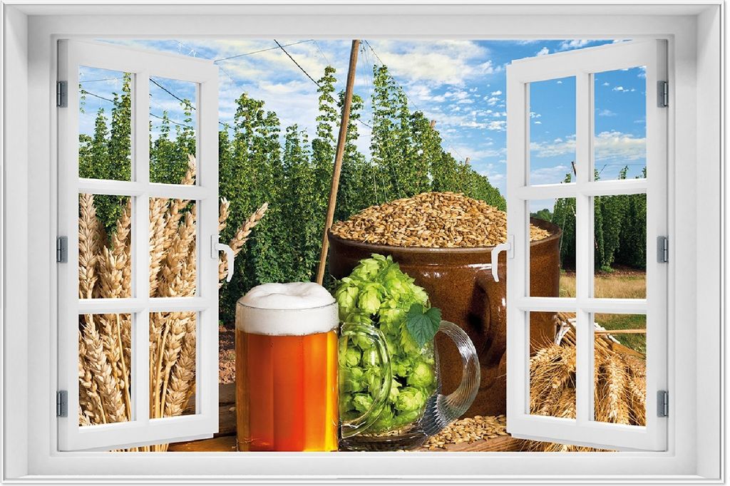 Wallario Wandbild mit Fenster-Illusion: Frisch gezapftes Bier, Hopfen und Malz, Größe: 61 x 91,5 cm, Poster mit weißem Aluminiumrahmen