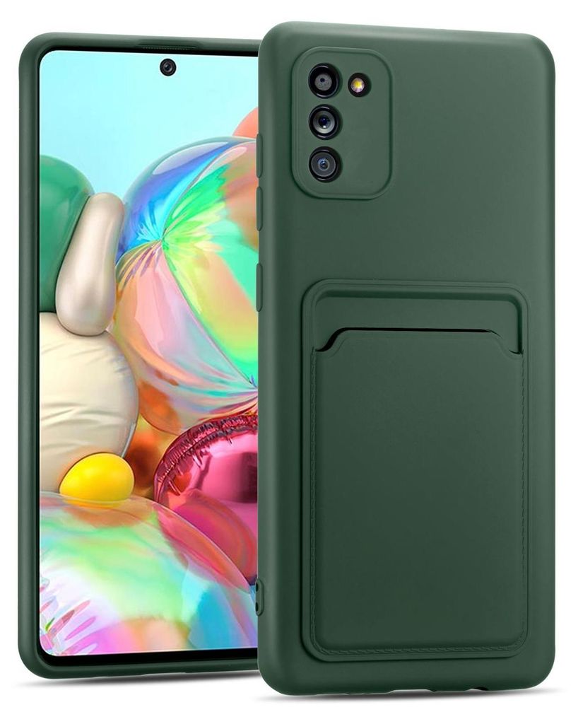 A dark green phone case with a card slot is shown on a white background, with a smartphone partially visible on the left.