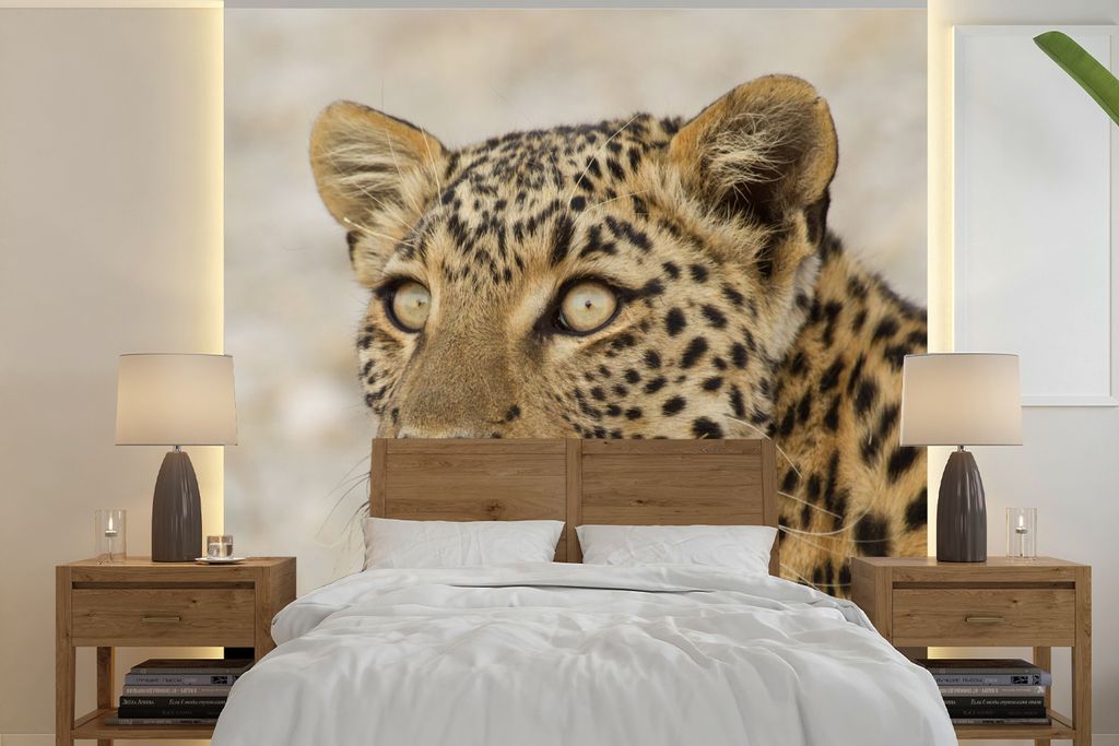 MuchoWow Fototapete für Wohnzimmer oder Schlafzimmer Wandtapete Vinyl Motivtapete Leopard - Makro - Braun - 240x240 cm - Schlafzimmer-Tapete