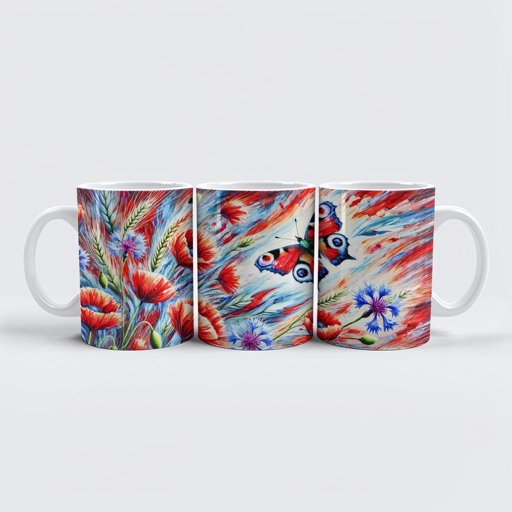 raxxa Premium-Tasse "Peacock Butterfly with Poppies and Cornflowers in Oil Painting"