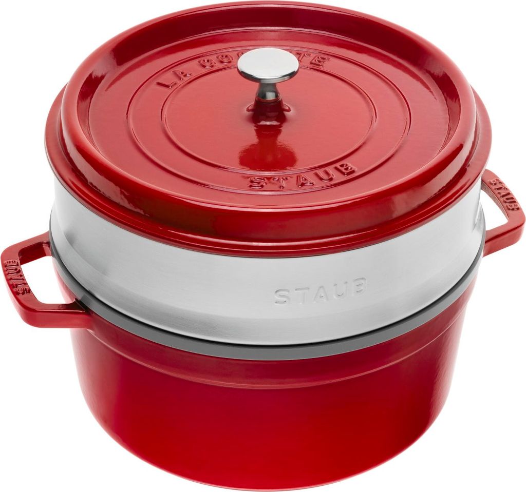 Staub Cocotte Mit Dämpfeinsatz, 24 Cm Kirschrot Rund Gusseisen