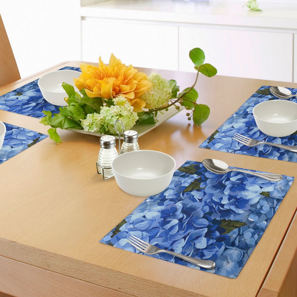 ABAKUHAUS Vintage Blau Platzmatten, Bündel des blauen Hortensie Hortensis Flower Realistic Design, Tiscjdeco aus Farbfesten Stoff für das Esszimm...