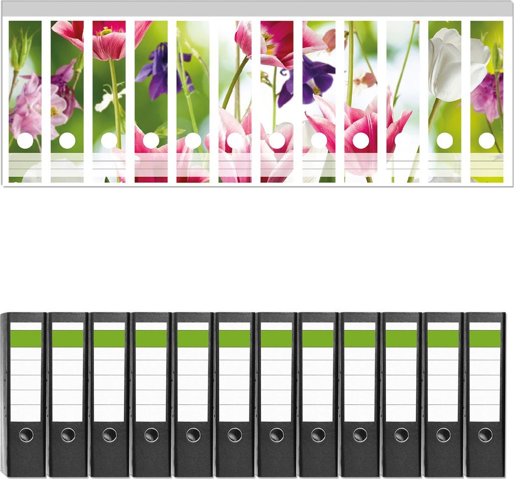 Wallario 12 Stück breite Ordner inkl. Klebeetiketten mit Motive Blühende Blumen im Frühling in pink und weiß - Set mit Rückenschildern / Ordn...