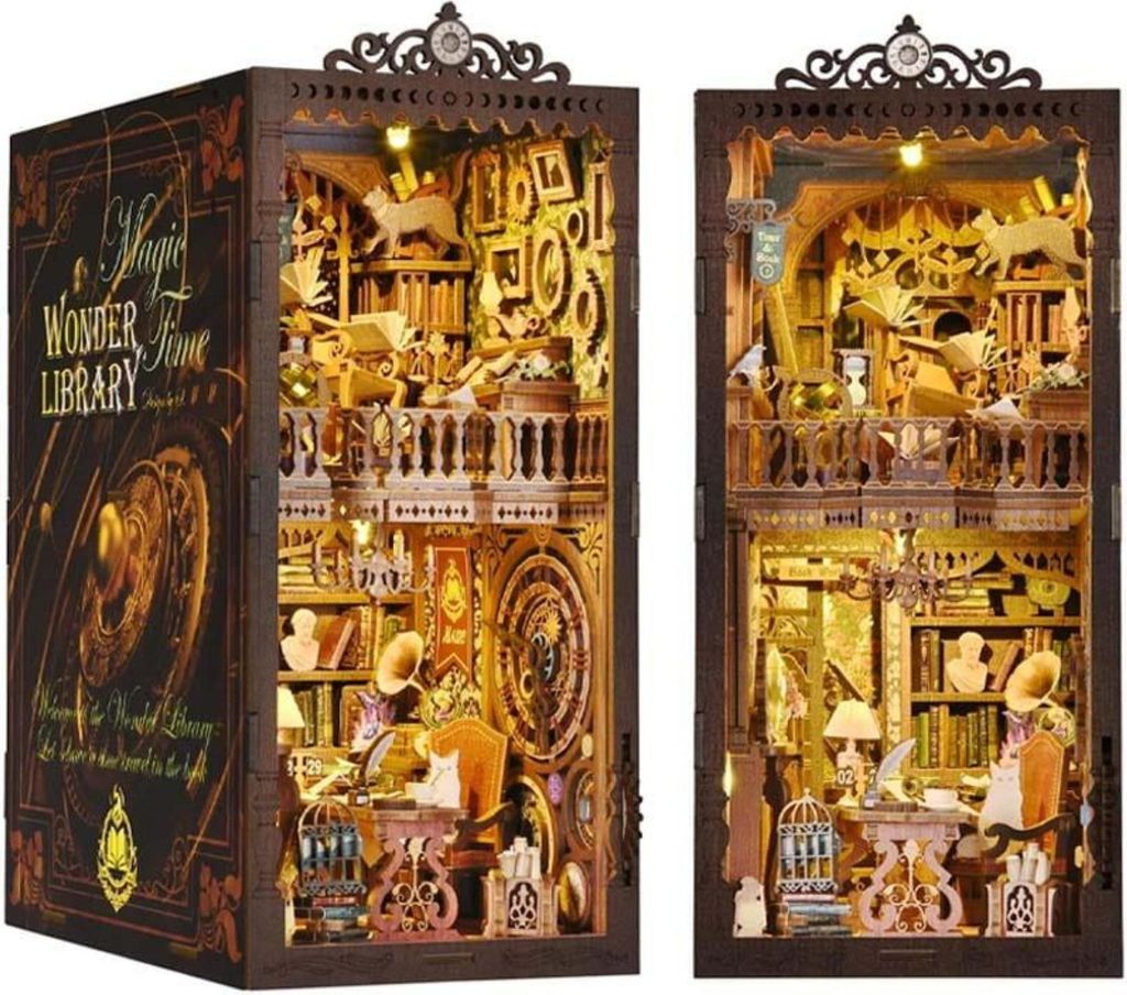 A collage of two images showing a detailed DIY book nook kit designed to look like a miniature library.