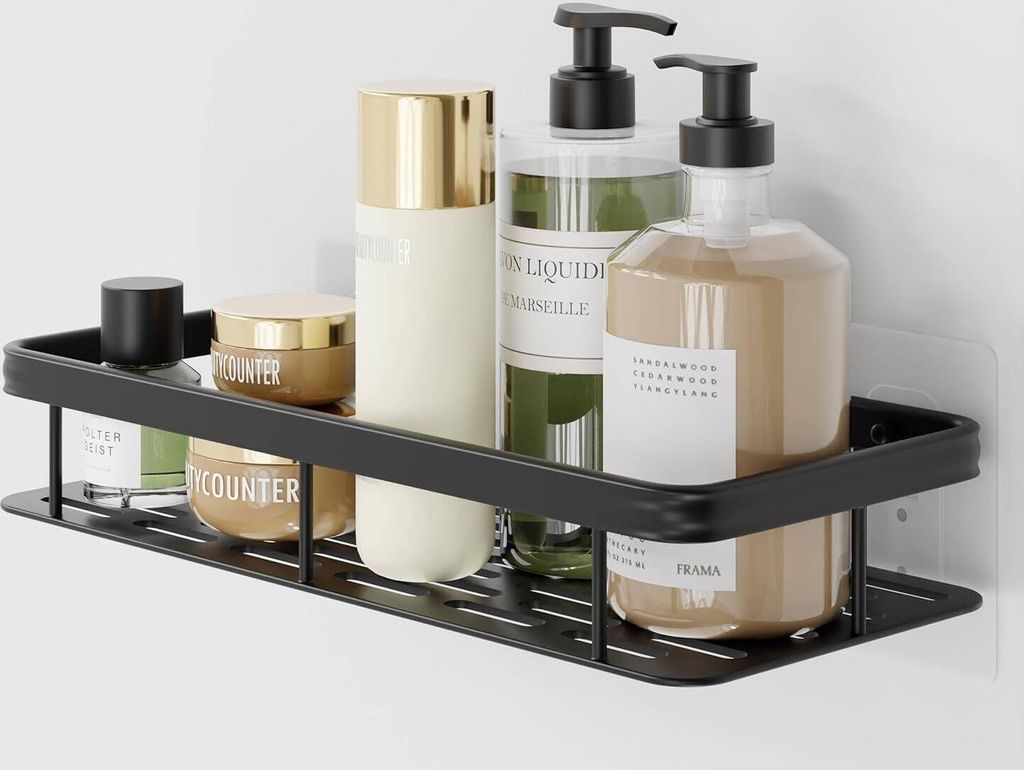 STILVORA Duschablage Wandregal ohne Bohren – Küchen- & Badregal, einlagig, mit Stange & Haken, praktische Wandaufbewahrung für Badezimmer, Küc...