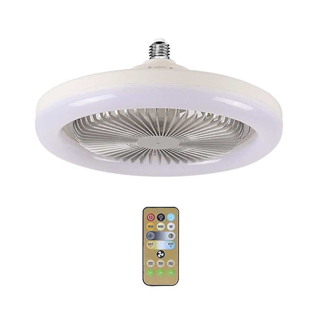A white ceiling fan light with a remote control shown below it, against a white background.