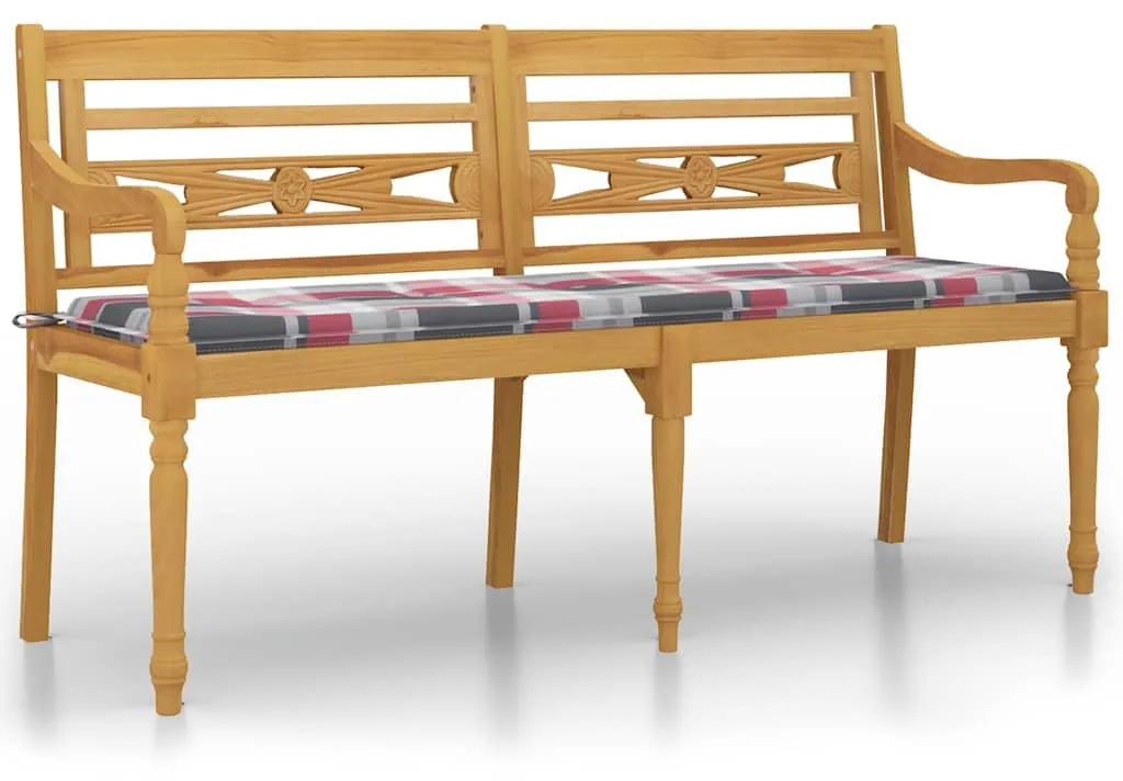 Banc en teck massif Batavia 150 cm avec coussins d'assise confort rouges
