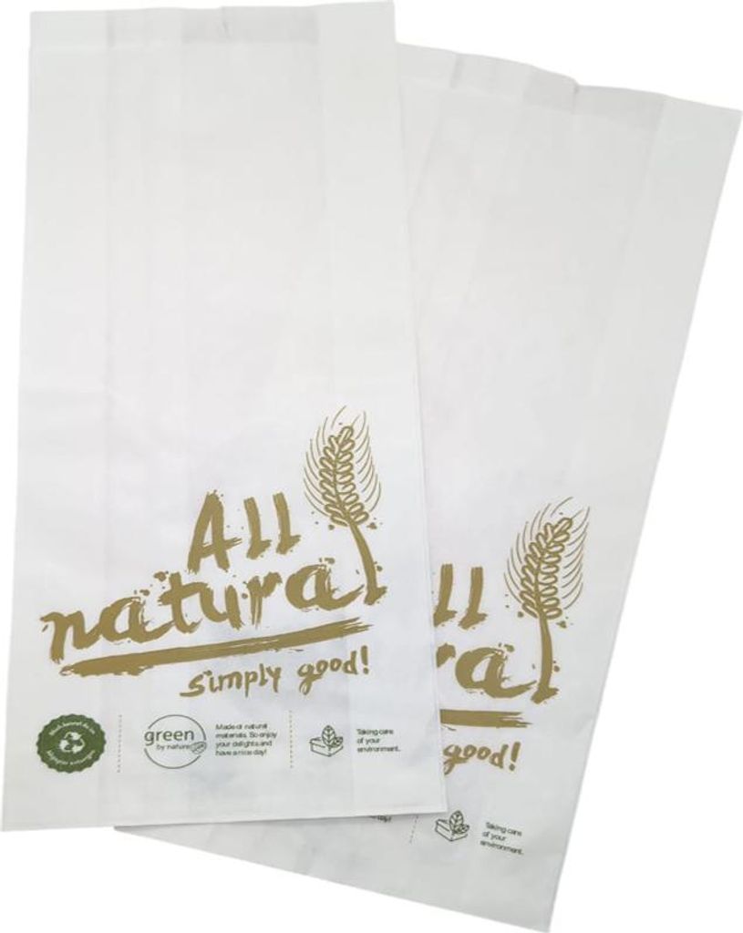 1000 Bäckerfaltenbeutel 420 14+5x24 cm Kraftpapier weiß Motiv „All Natural“