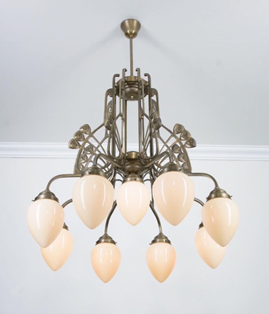 Pendelleuchte Messing massiv Glas E27 H: max. 137 cm in Berliner Elfenbein Jugendstil Hängeleuchte