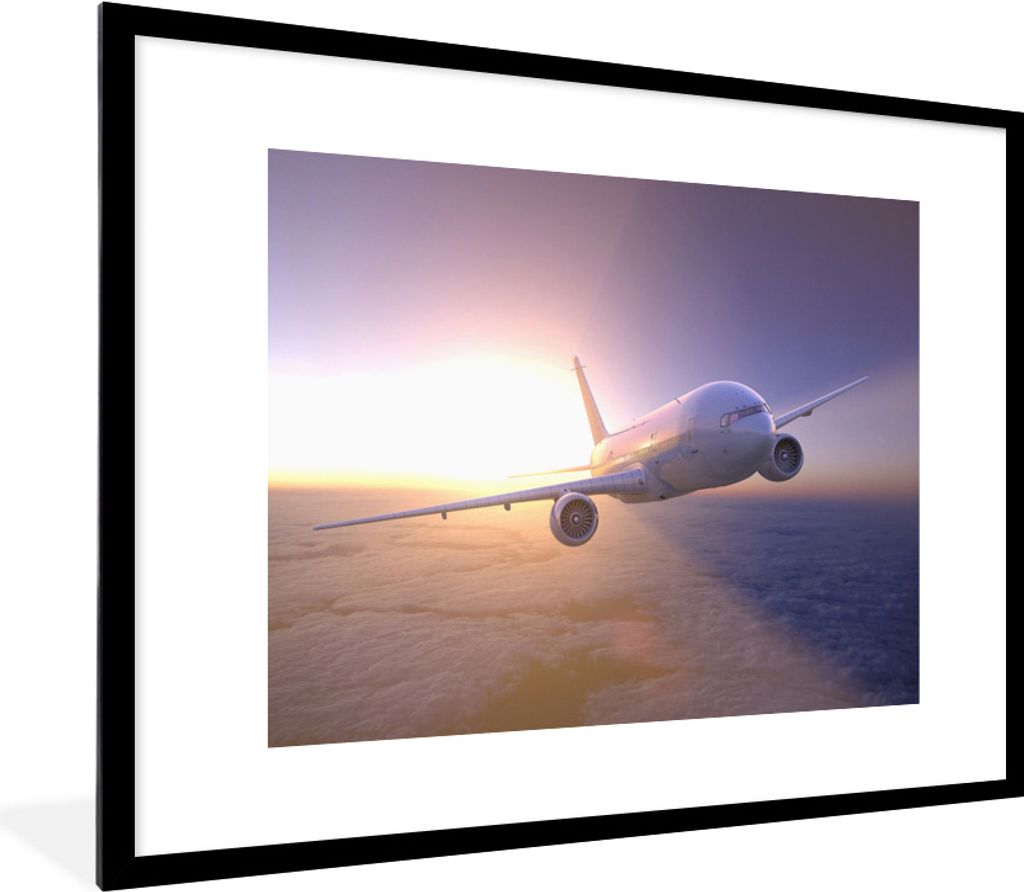 MuchoWow Gerahmtes Poster Flugzeug über der Wolkendecke in der untergehenden Sonne 80x60 cm - Poster mit Schwarzem Bilderrahmen Wandposter Rahme...