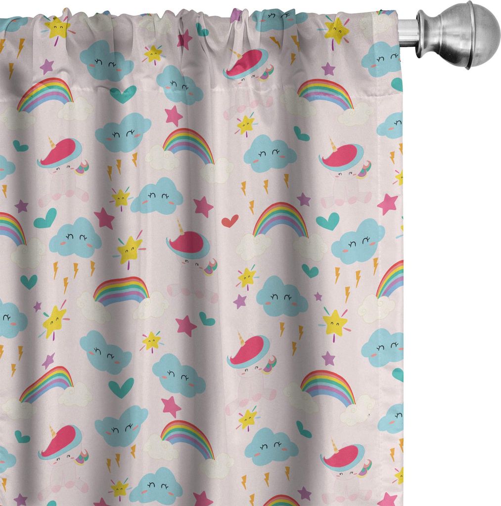 ABAKUHAUS Einhorn Vorhänge, Gardinen, Thema Wolken Rainbows Stern Drucken, 2 Stück 75 x 245 cm, Baby Pink Mehrfarbig