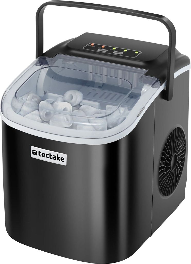 A black ice maker with a clear lid filled with ice cubes, shown from a slightly elevated front-left angle on a white background.