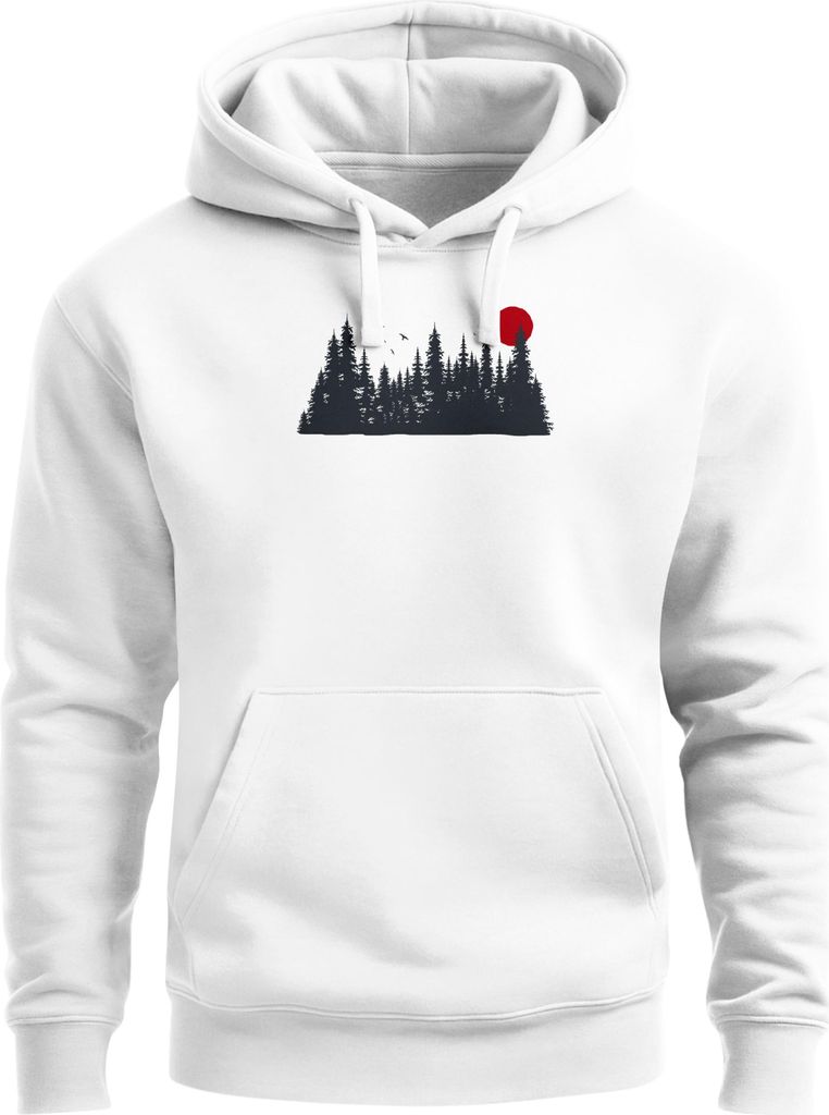 Hoodie Herren Print Red Sun Forest Kapuzensweatshirt mit Waldmotiv und roter Sonne Outdoor Streetwear Neverless