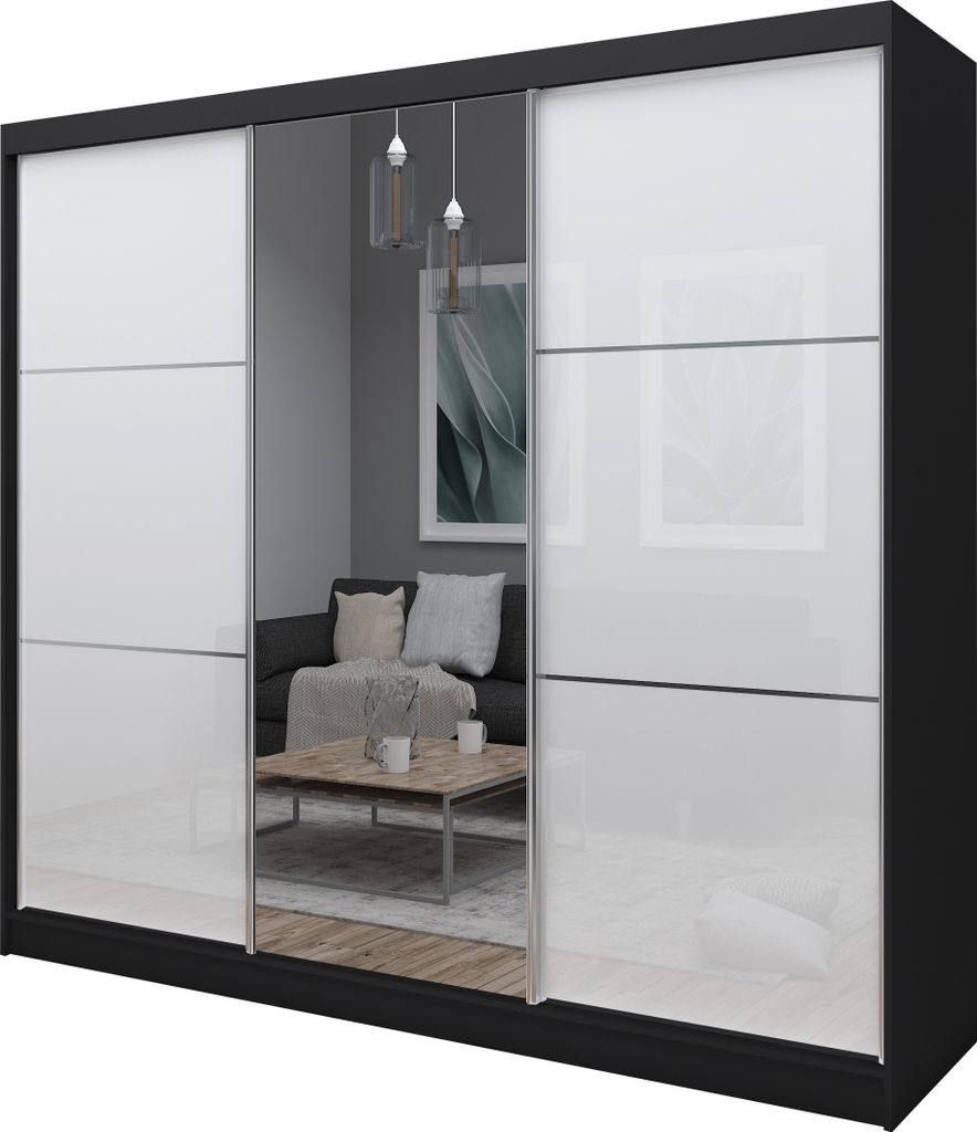Masseno Schiebetürenschrank VITALE 240 cm Kleiderschrank mit 4 Schubladen Schlafzimmer Schrank 3-türig mit Spiegel und Lacobel Schwarz