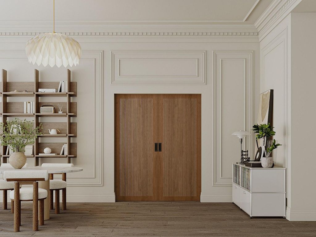 Versenkbare Doppelschiebetür aus MDF und Holz natur dunkel - 2 x H 205 x B 73 cm - SANDORA