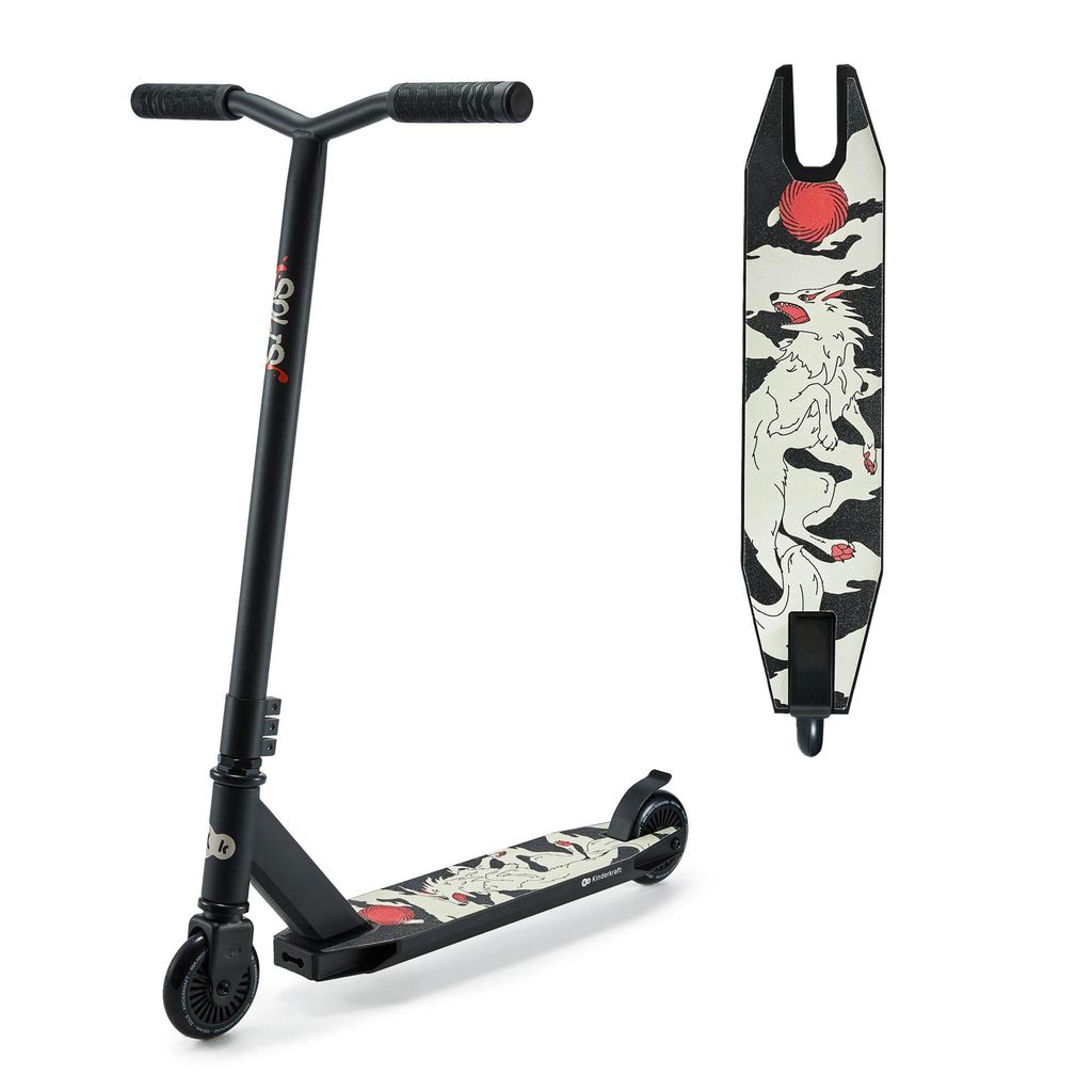 A black scooter with a graphic design on the deck, shown next to the deck graphic separately.