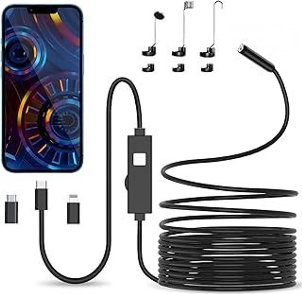 Telecamera endoscopica con luce, telecamera endoscopica HD 1080P Cellulare con luce Impermeabile Ip67 Nessun Wi-Fi richiesto Telecamera di ispezione Telecamera per canali Cellulare con 8 luci LED per Android e iOS, tablet (16,4 ft/5 m)