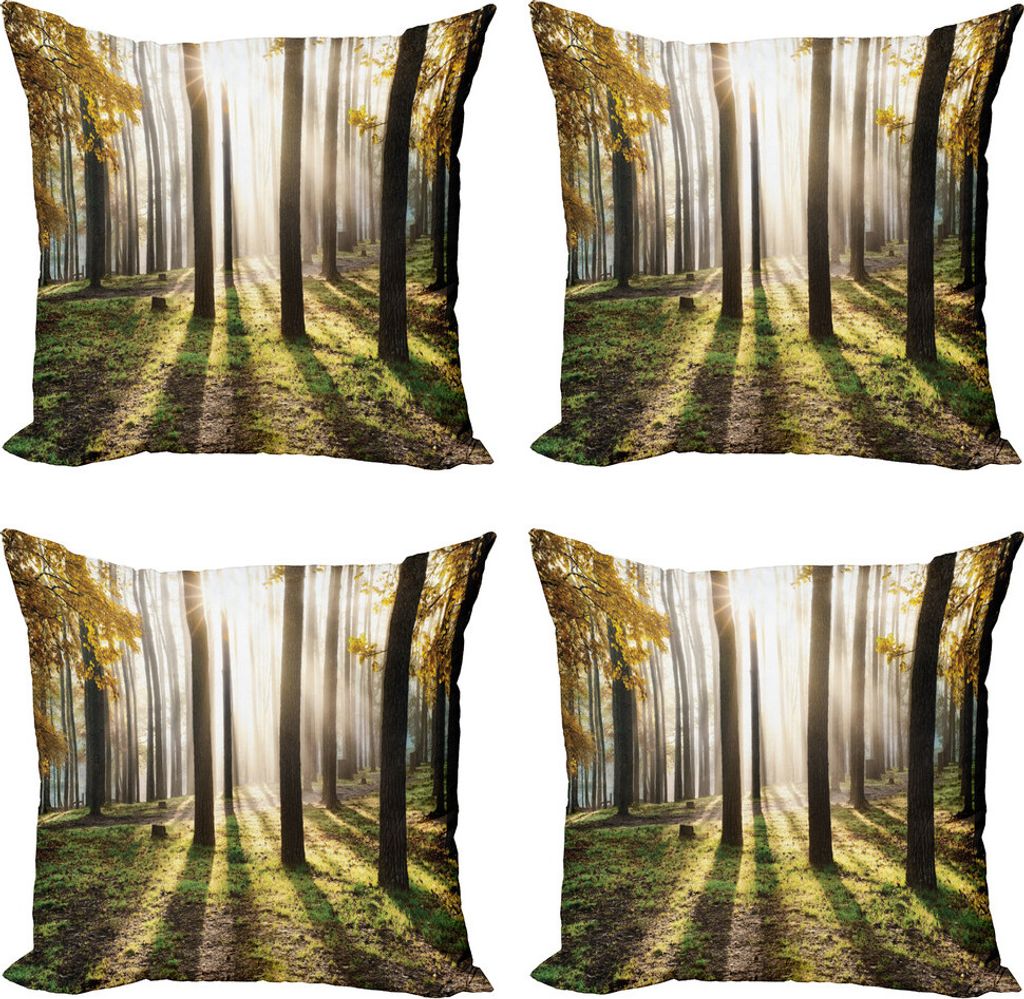 ABAKUHAUS Wald Kissenbezug Set (4 Stück), Wald Blätter am Sonnenaufgang, Moderner Doppelseitiger Digitaldruck, 45 cm x 45 cm, Gelb Grün Braun