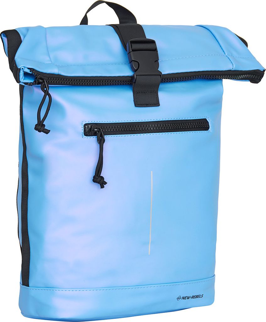 A light blue rolltop backpack with black accents and zippers, shown against a white background.