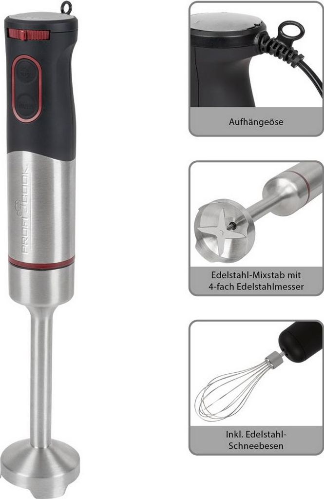 A collage of images showing a hand blender and its accessories, along with close-ups of its features.