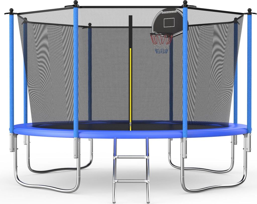 Trampolin Outdoor 366cm, Kindertrampolin, Gartentrampolin mit Sicherheitsnetz, Leiter, Basketballkorbbrett, Anti-Rust Frame, Hellblau, 366 cm