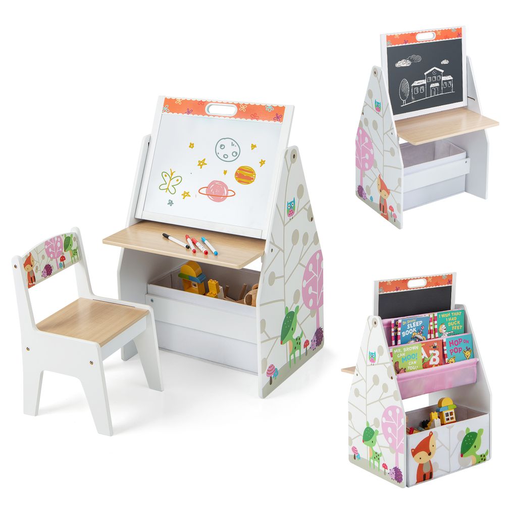 GOPLUS Kinderstaffelei Spieltisch mit Stuhl, Kindertisch und Stuhl-Set mit drehbarer doppelseitiger magnetischer Tafel & Whiteboard, Bücherregal &...
