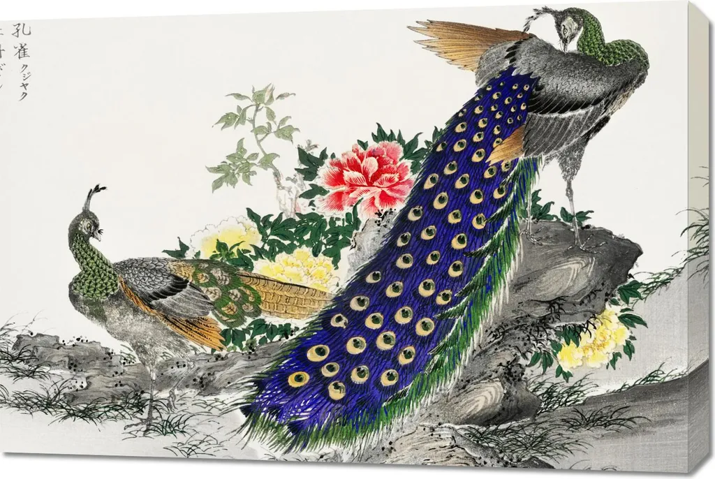 Quadro 90x60 cm Peacock and Peony, Kashu giapponese vintage per il salotto