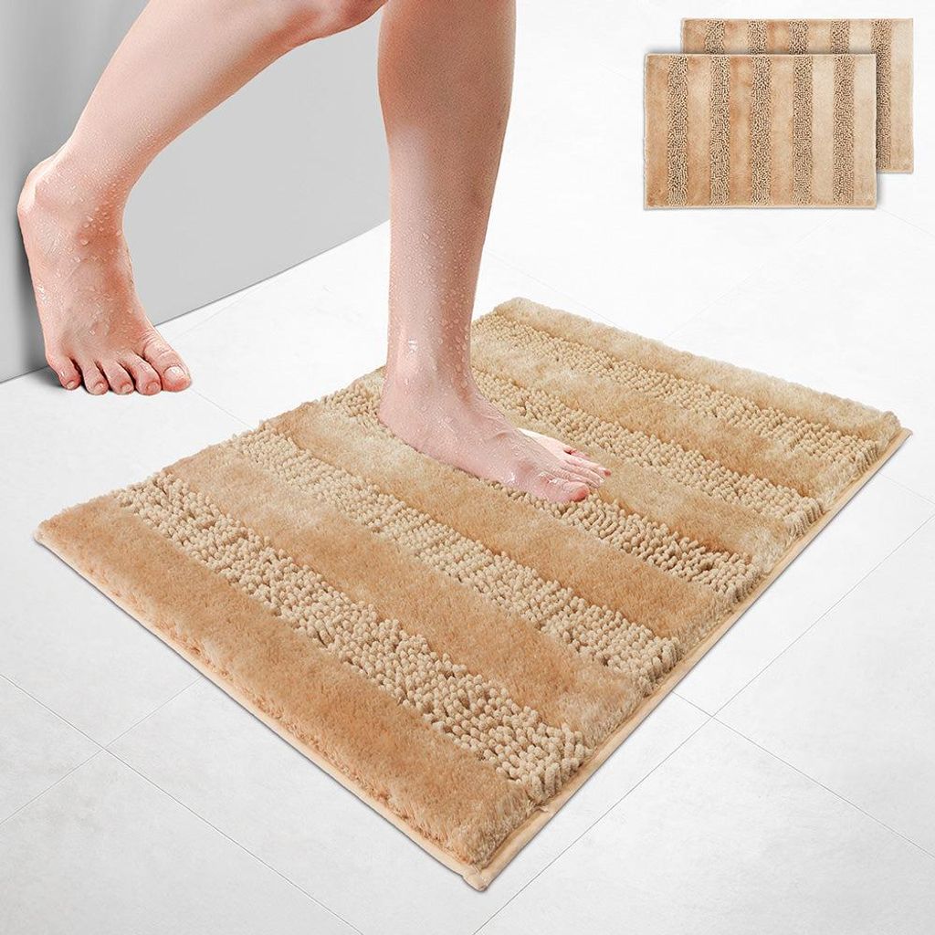 VOUNOT 2er-Set Chenille Badematte Rutschfeste, Mikrofaser Badezimmerteppich 50x80cm Beige