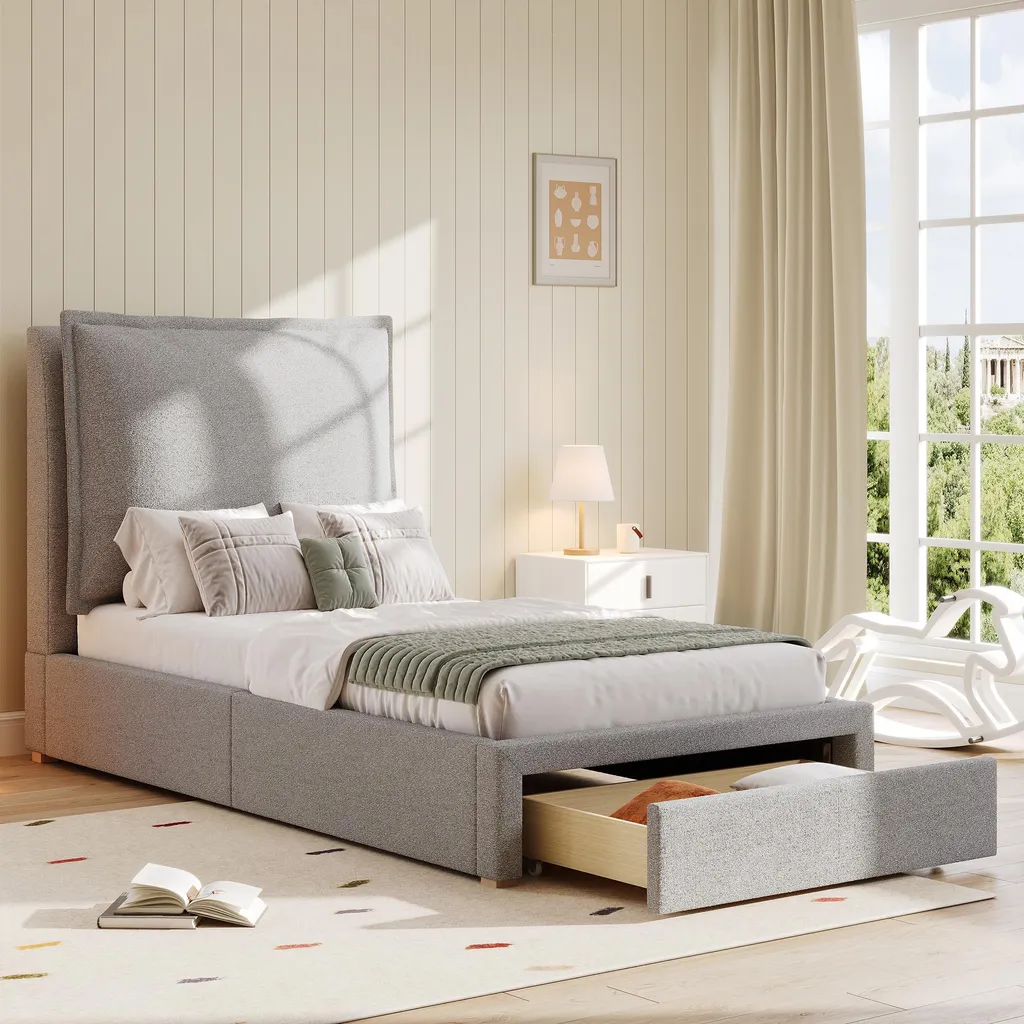 Lit enfant rembourré 90x200 cm en chenille grise avec tiroir de rangement